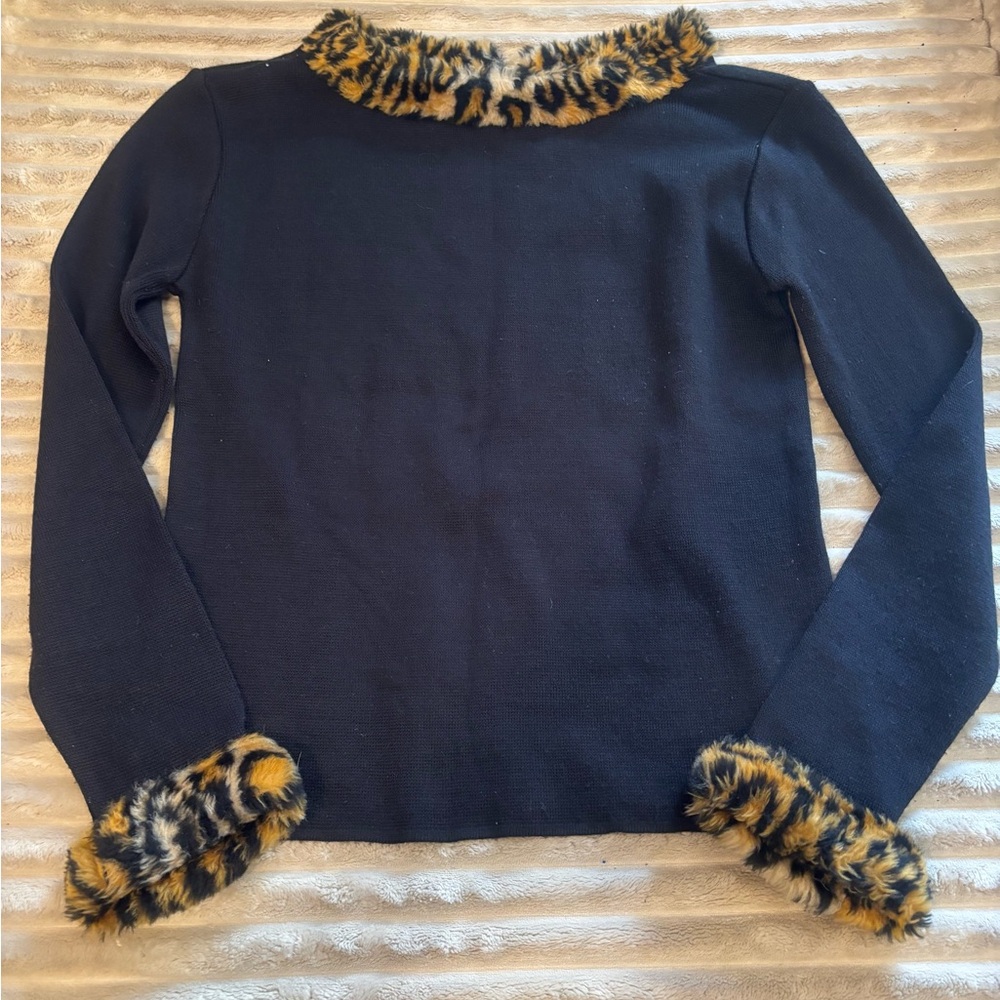 Y2K Vintage Takeout Black Sweater with Leopard Faux Fur Trim - Made in USA